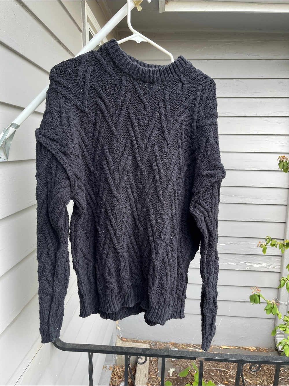 Free People Black Cable-Knit Crewneck Sweater